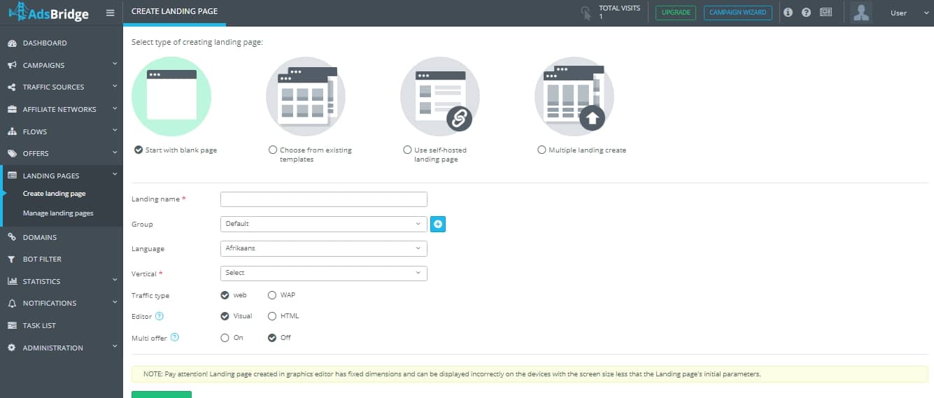 create landing page adsbridge where are pages templates stored